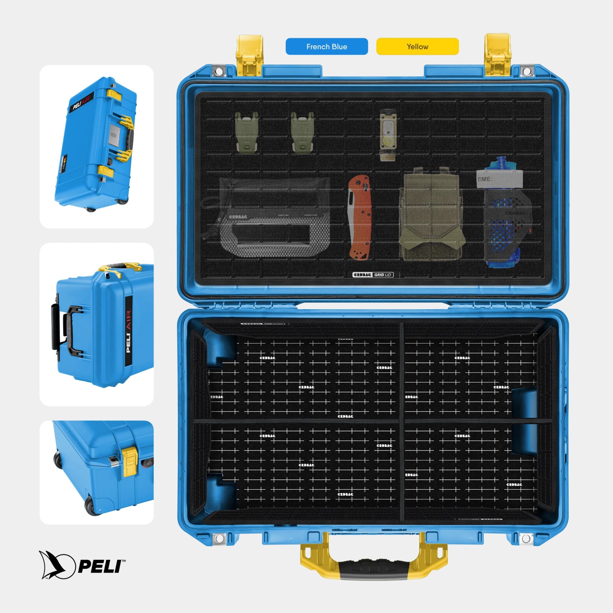 Peli 1535 Air case French Blue with CRDBAG MOLLE Panel GRID-LID organizer and GRID-DIVIDE divider system