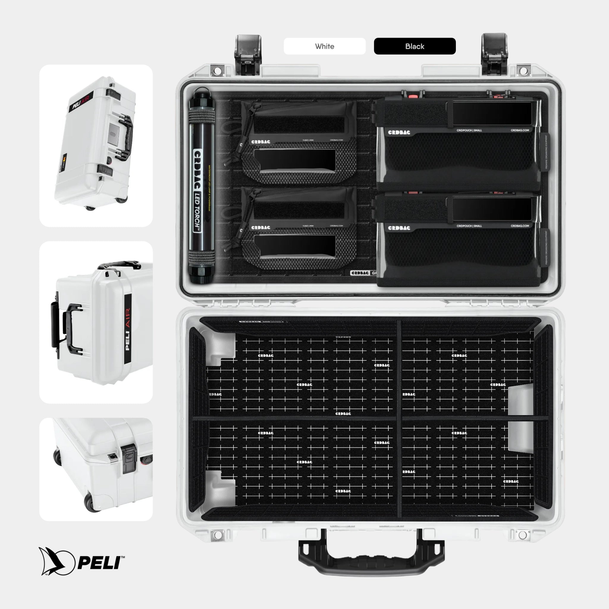 Peli 1535 Air case White with CRDBAG MOLLE Panel GRID-LID organizer and GRID-DIVIDE divider system