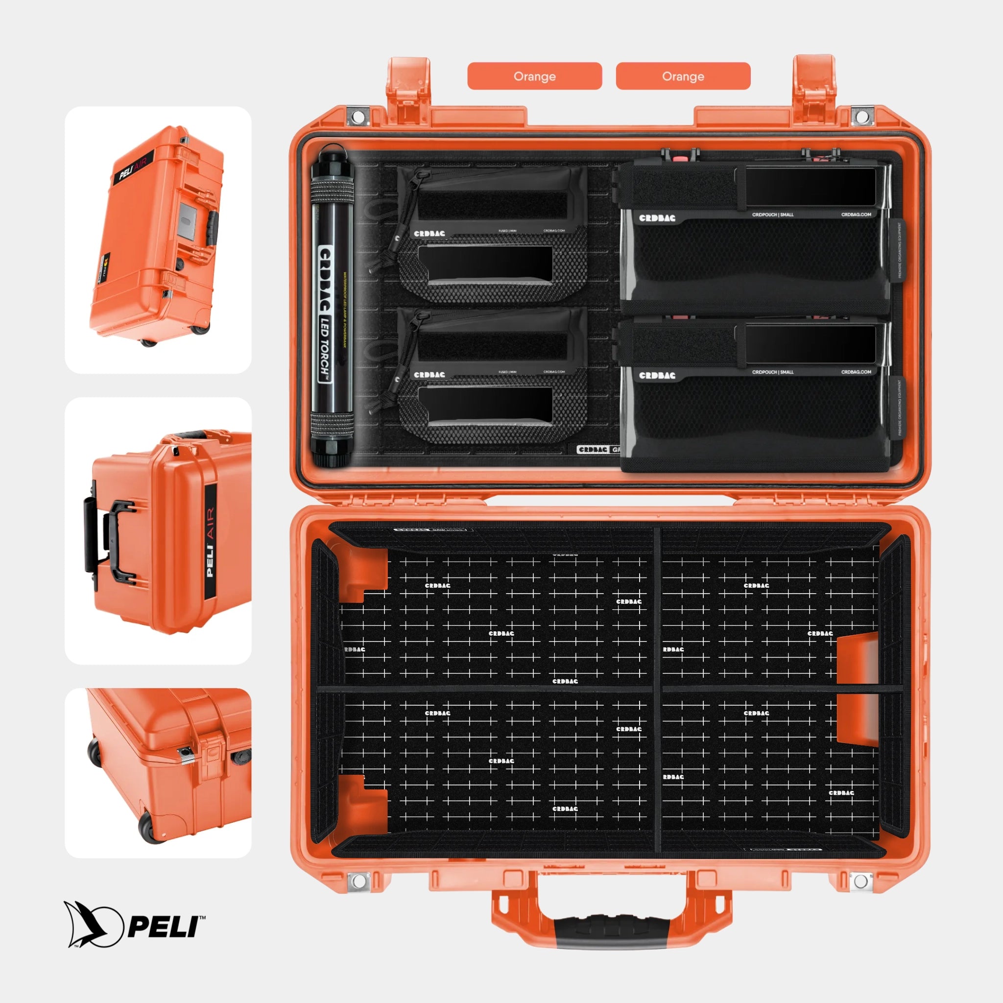 Peli 1535 Air case Orange with CRDBAG MOLLE Panel GRID-LID organizer and GRID-DIVIDE divider system