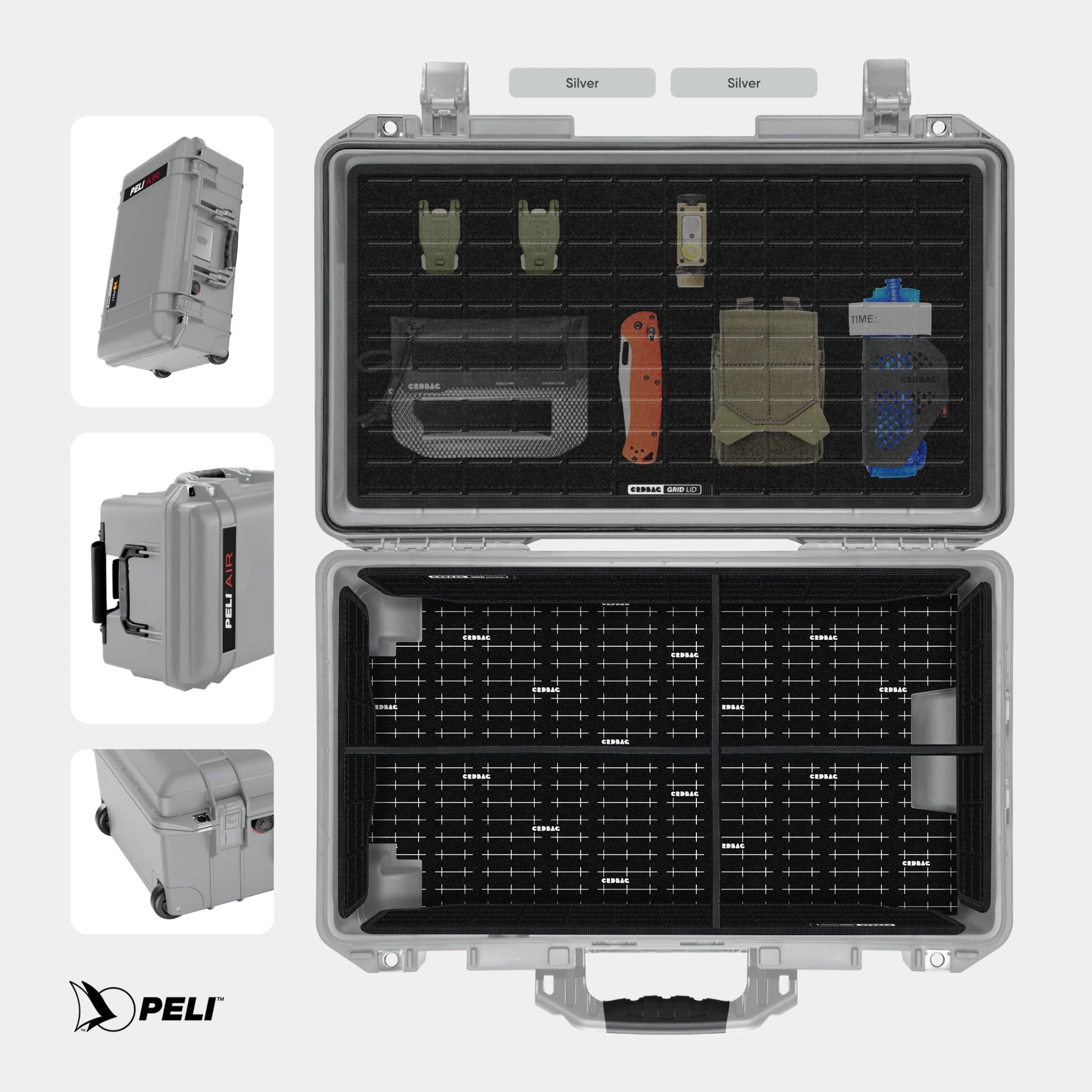 Peli 1535 Air case Silver with CRDBAG MOLLE Panel GRID-LID organizer and GRID-DIVIDE divider system