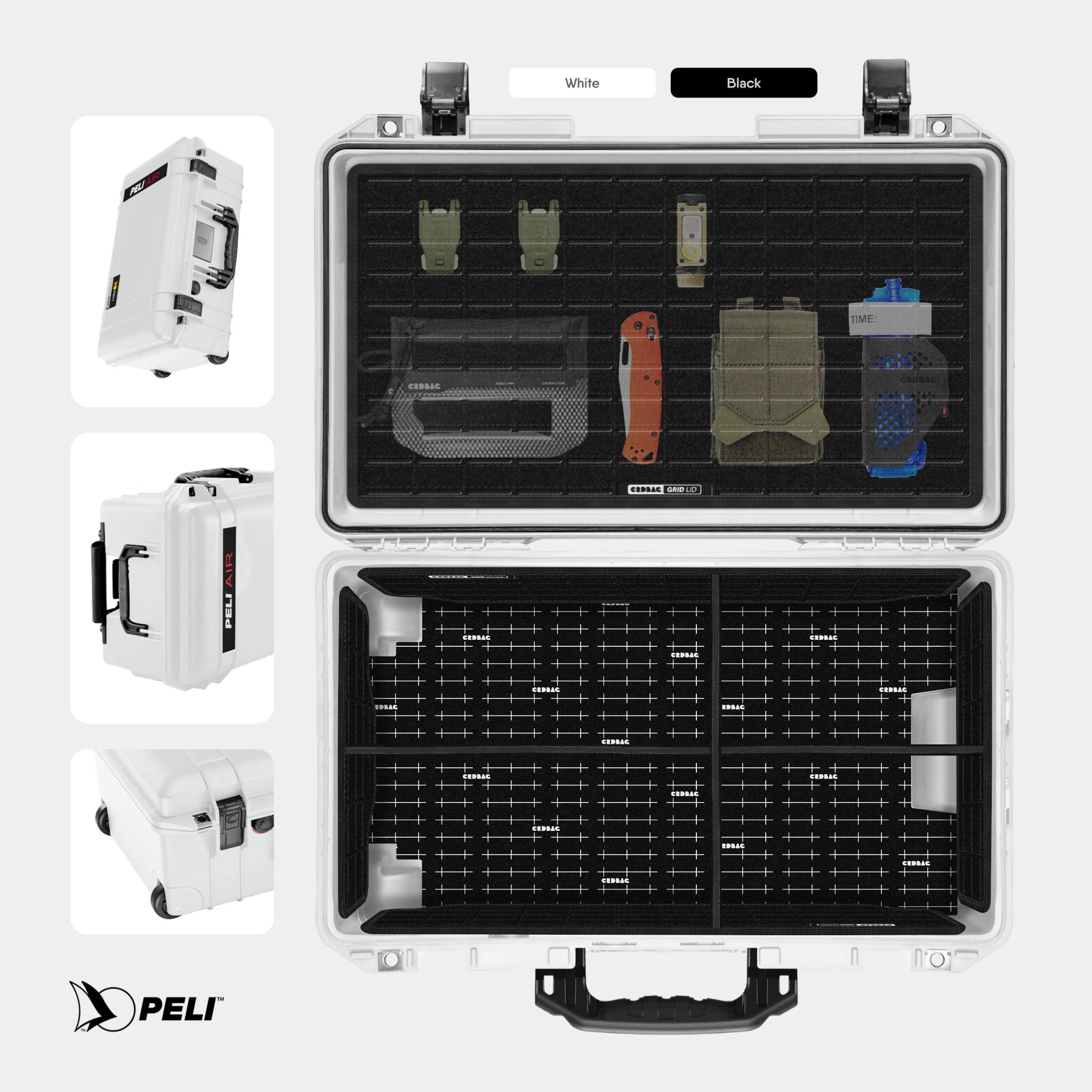 Peli 1535 Air case White with CRDBAG MOLLE Panel GRID-LID organizer and GRID-DIVIDE divider system